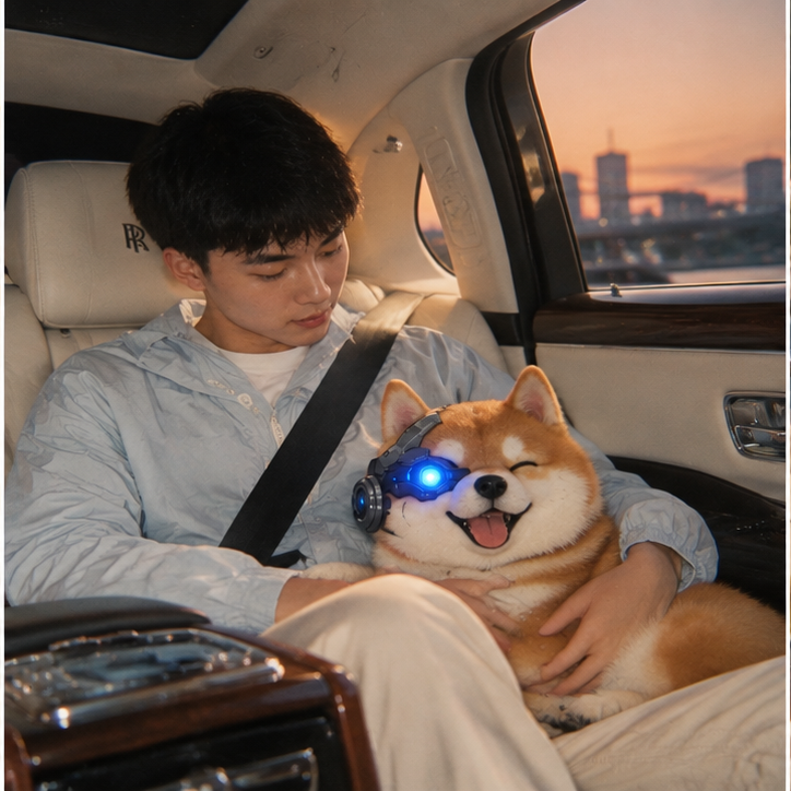 Kimchi and his human in a car as the city lights come on